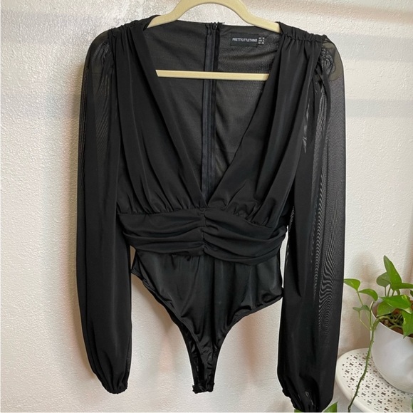 PRETTY LITTLE THING BLACK MESH RUCHED WAISTBAND BODYSUIT SIZE 8 - Picture 4 of 6